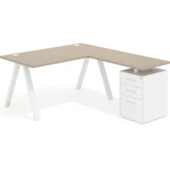 Mesa de escritorio en L con cajones UvePro, estructura blanca, ala pedestal metal