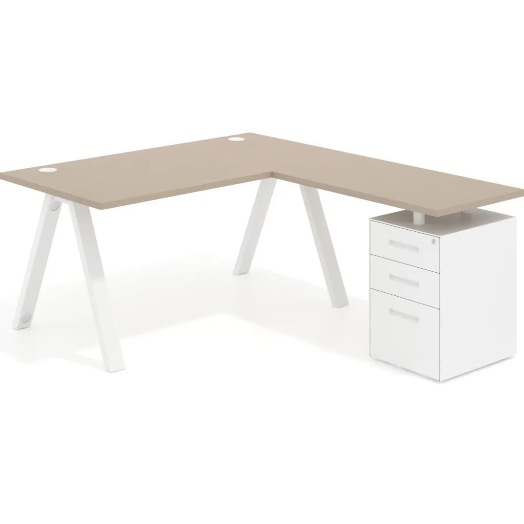 Mesa de escritorio en L con cajones UvePro, estructura blanca, ala pedestal metal