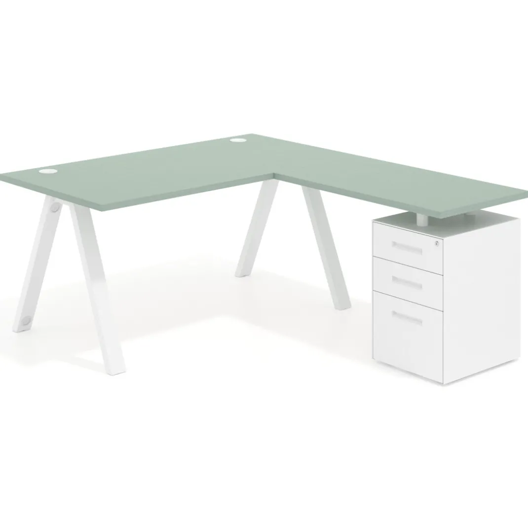Mesa de escritorio en L con cajones UvePro, estructura blanca, ala pedestal metal