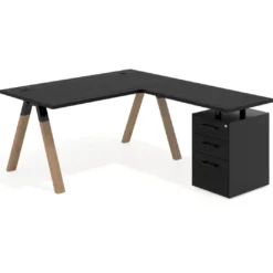 Mesa de escritorio en L con cajones UvePro, estructura negra/madera, ala pedestal melamina