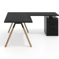 Mesa de escritorio en L con cajones UvePro, estructura negra/madera, ala pedestal melamina