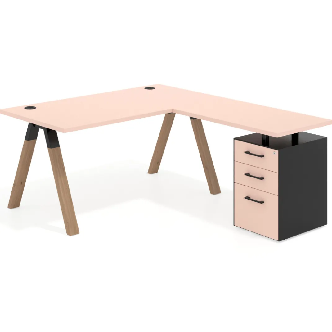 Mesa de escritorio en L con cajones UvePro, estructura negra/madera, ala pedestal melamina
