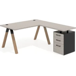 Mesa de escritorio en L con cajones UvePro, estructura negra/madera, ala pedestal melamina