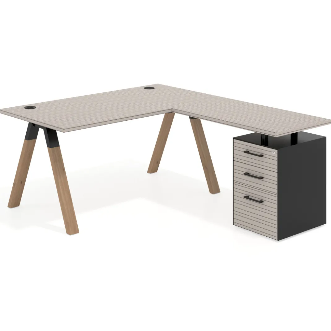 Mesa de escritorio en L con cajones UvePro, estructura negra/madera, ala pedestal melamina