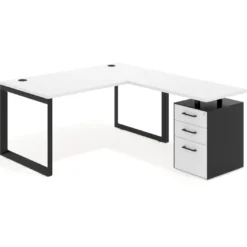 Mesa de escritorio en L con cajones Delta, estructura negra, ala pedestal melamina