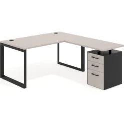 Mesa de escritorio en L con cajones UvePro, estructura negra, ala pedestal melamina