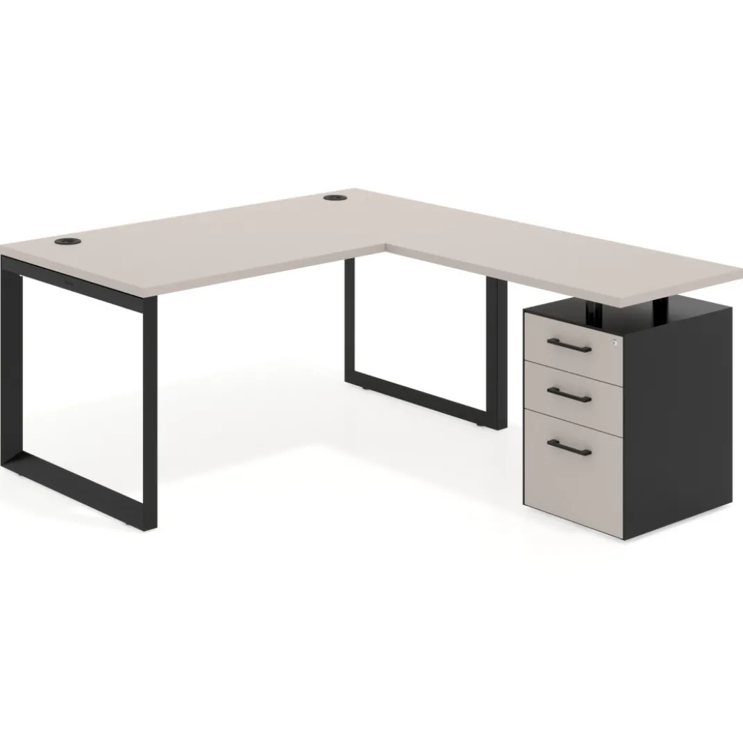 Mesa de escritorio en L con cajones UvePro, estructura negra, ala pedestal melamina