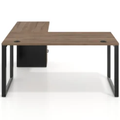 Mesa de escritorio en L con cajones UvePro, estructura negra, ala pedestal melamina