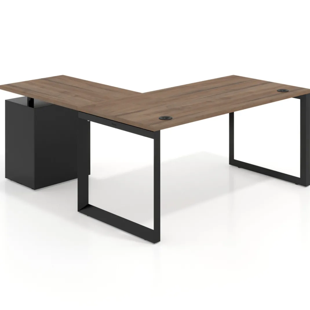 Mesa de escritorio en L con cajones UvePro, estructura negra, ala pedestal melamina