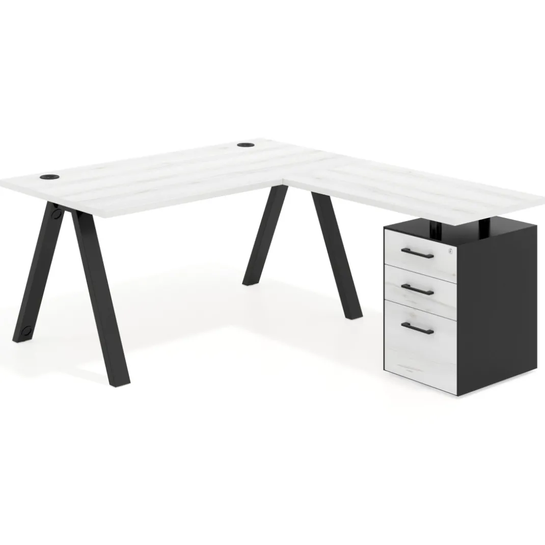 Mesa de escritorio en L con cajones UvePro, estructura negra, ala pedestal melamina