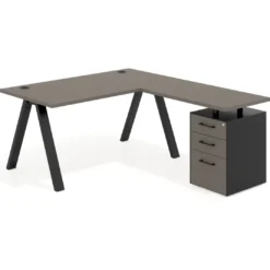 Mesa de escritorio en L con cajones UvePro, estructura negra, ala pedestal melamina