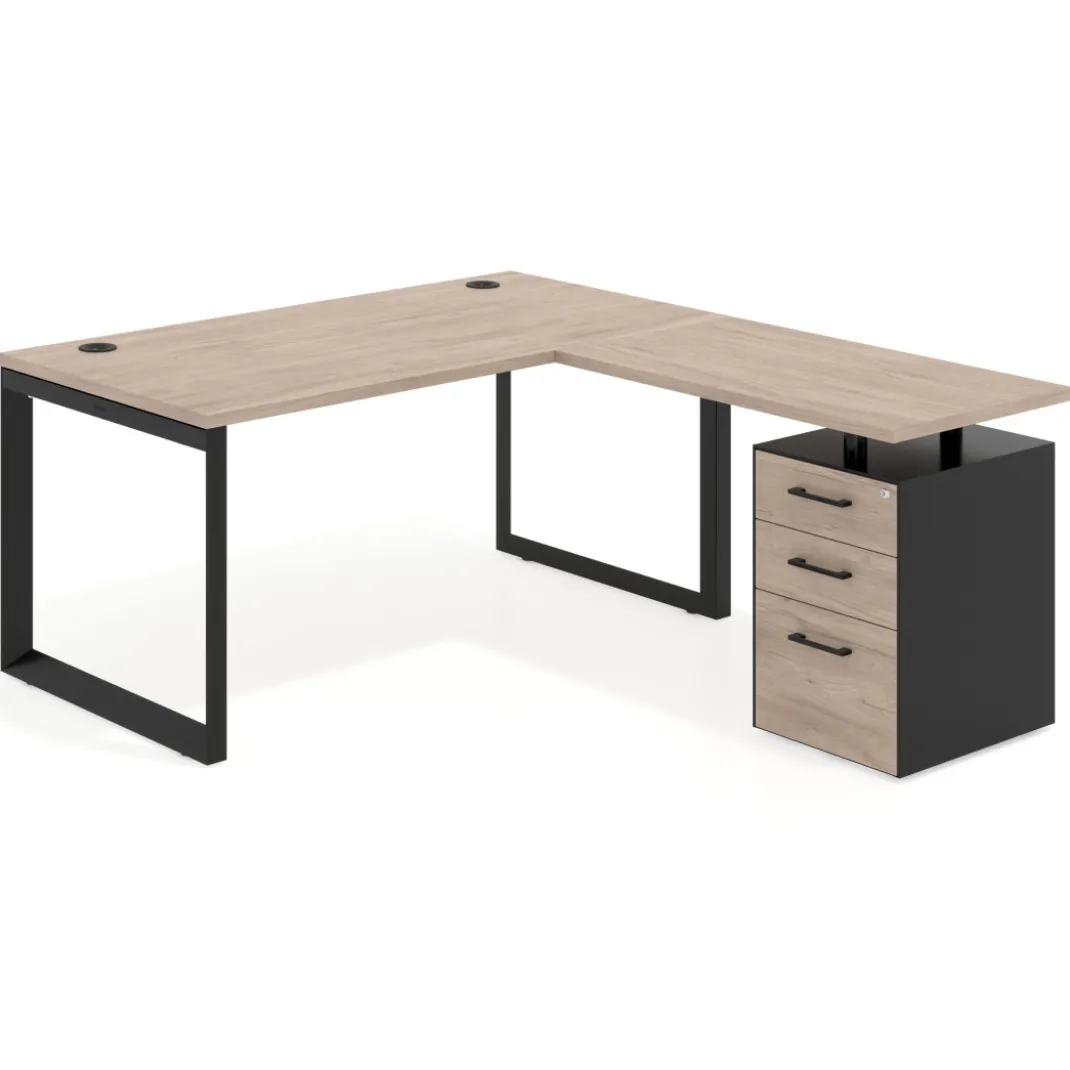 Mesa de escritorio en L con cajones UvePro, estructura negra, ala pedestal melamina