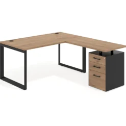 Mesa de escritorio en L con cajones UvePro, estructura negra, ala pedestal melamina