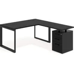 Mesa de escritorio en L con cajones Delta, estructura negra, ala pedestal melamina