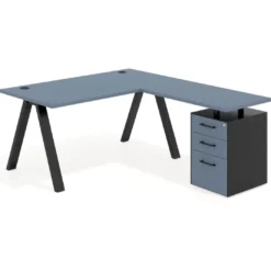 Mesa de escritorio en L con cajones UvePro, estructura negra, ala pedestal melamina