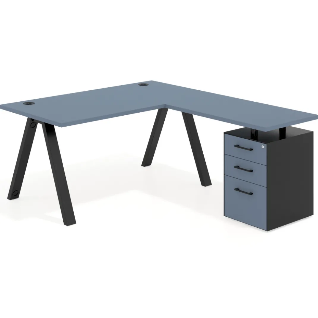 Mesa de escritorio en L con cajones UvePro, estructura negra, ala pedestal melamina