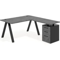 Mesa de escritorio en L con cajones UvePro, estructura negra, ala pedestal melamina