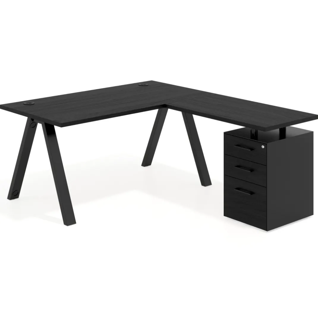 Mesa de escritorio en L con cajones UvePro, estructura negra, ala pedestal melamina