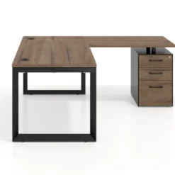 Mesa de escritorio en L con cajones Delta, estructura negra, ala pedestal melamina