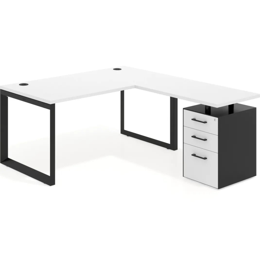 Mesa de escritorio en L con cajones Delta, estructura negra, ala pedestal melamina