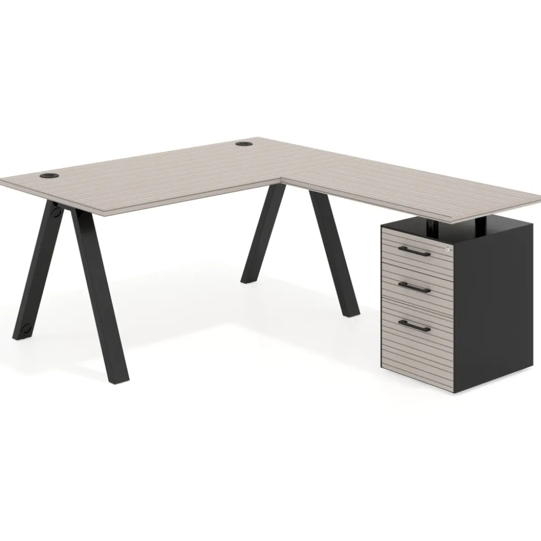 Mesa de escritorio en L con cajones UvePro, estructura negra, ala pedestal melamina
