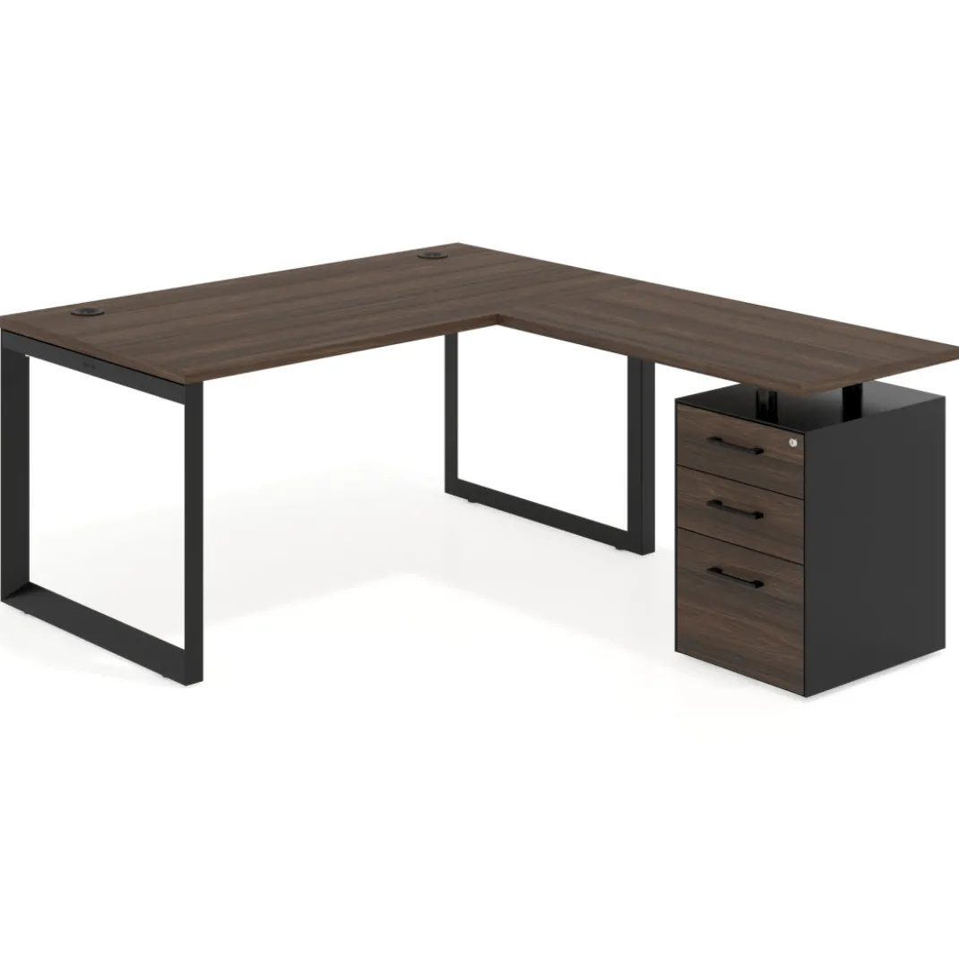 Mesa de escritorio en L con cajones Delta, estructura negra, ala pedestal melamina