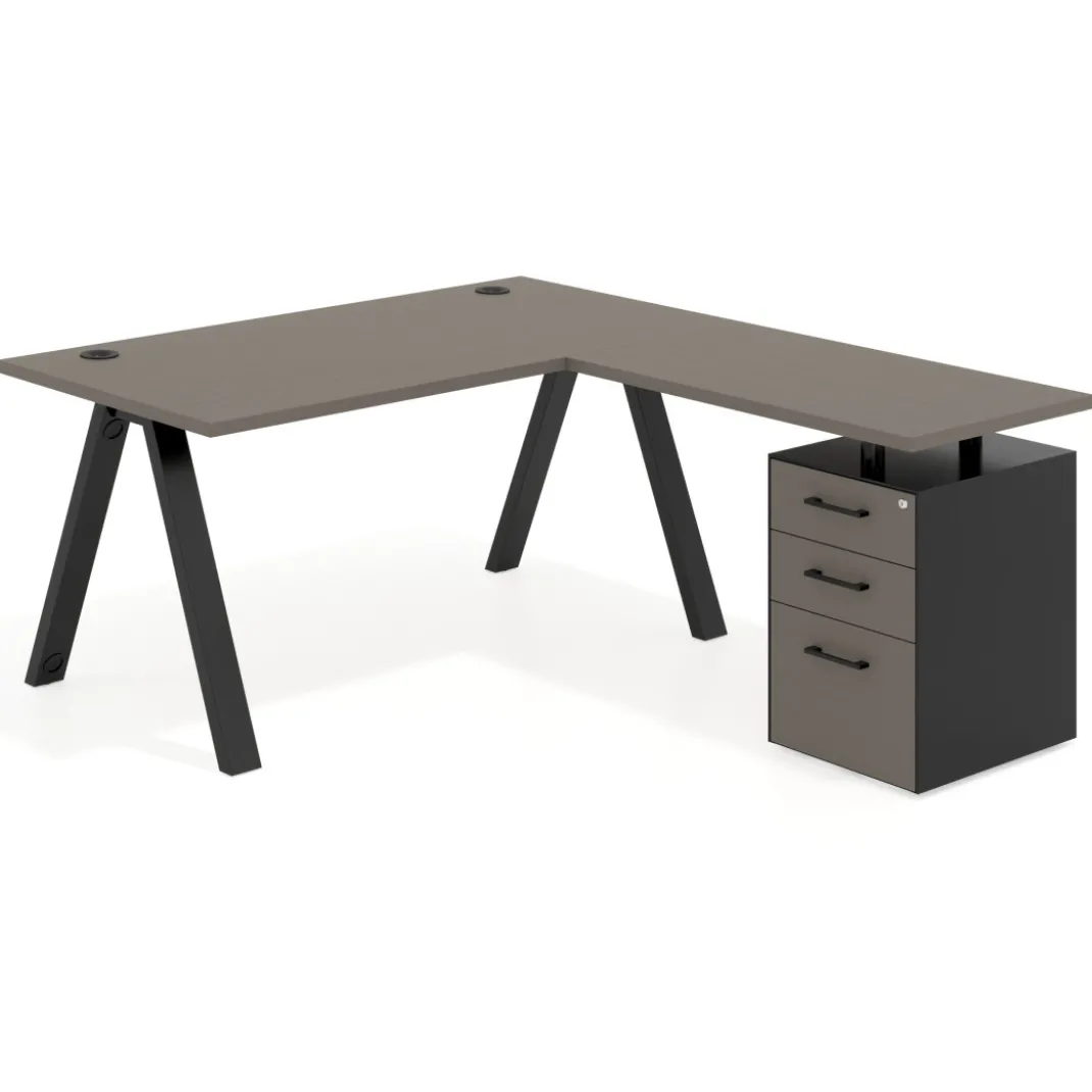 Mesa de escritorio en L con cajones UvePro, estructura negra, ala pedestal melamina