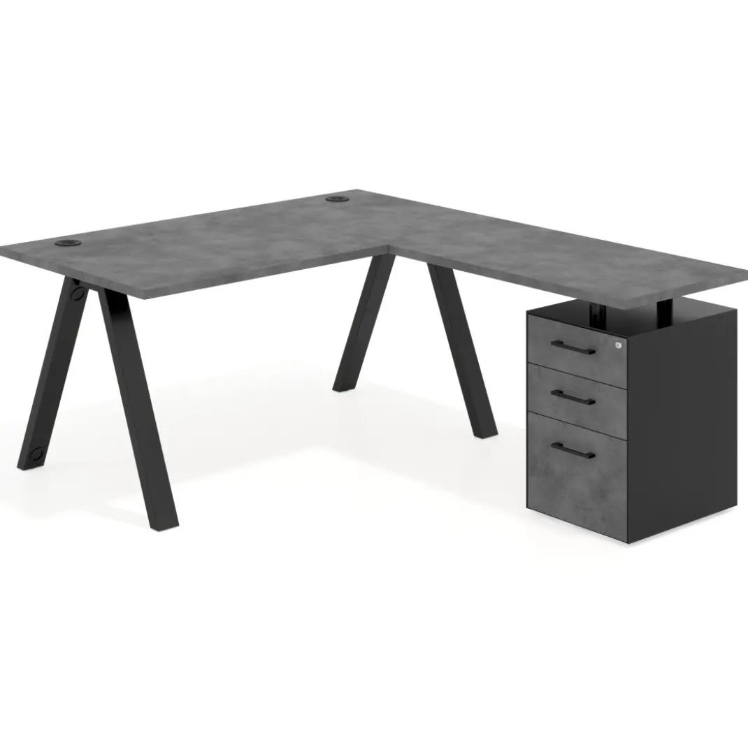 Mesa de escritorio en L con cajones UvePro, estructura negra, ala pedestal melamina
