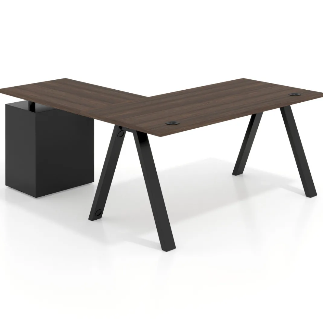 Mesa de escritorio en L con cajones UvePro, estructura negra, ala pedestal melamina