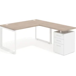 Mesa de escritorio en L con cajones Delta, estructura blanca, ala pedestal metal