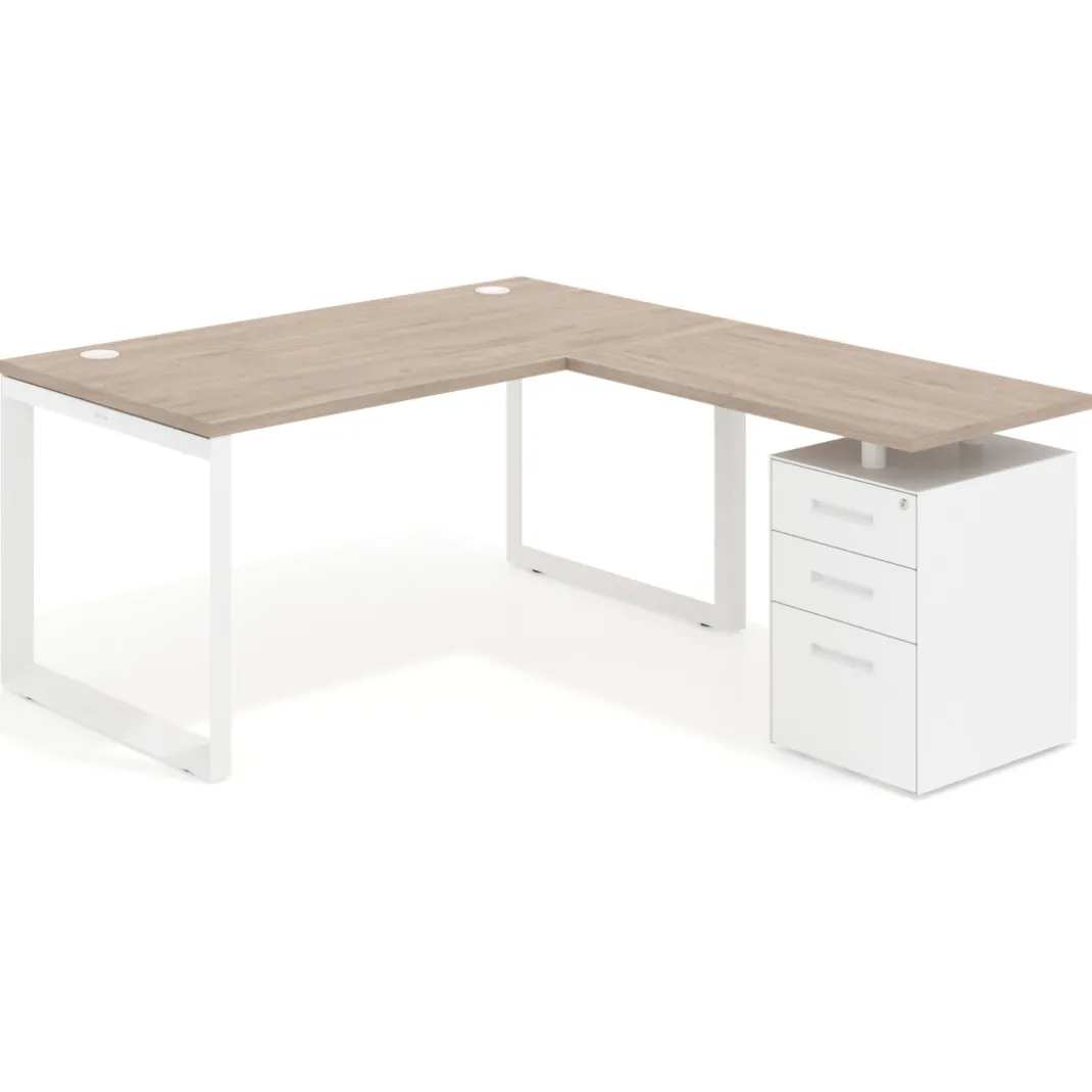 Mesa de escritorio en L con cajones Delta, estructura blanca, ala pedestal metal