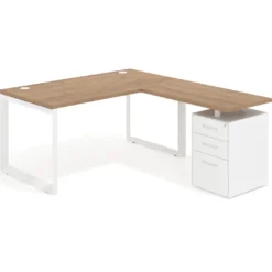 Mesa de escritorio en L con cajones Delta, estructura blanca, ala pedestal metal