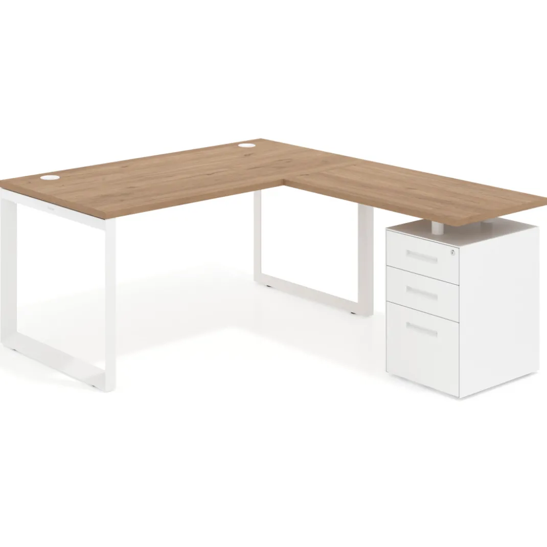 Mesa de escritorio en L con cajones Delta, estructura blanca, ala pedestal metal