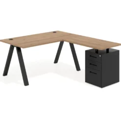 Mesa de escritorio en L con cajones UvePro, estructura negra, ala pedestal metal