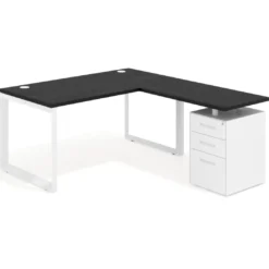 Mesa de escritorio en L con cajones Delta, estructura blanca, ala pedestal metal