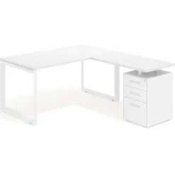 Mesa de escritorio en L con cajones Delta, estructura blanca, ala pedestal metal