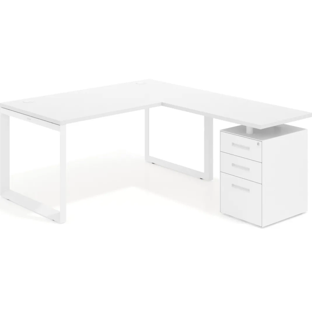 Mesa de escritorio en L con cajones Delta, estructura blanca, ala pedestal metal