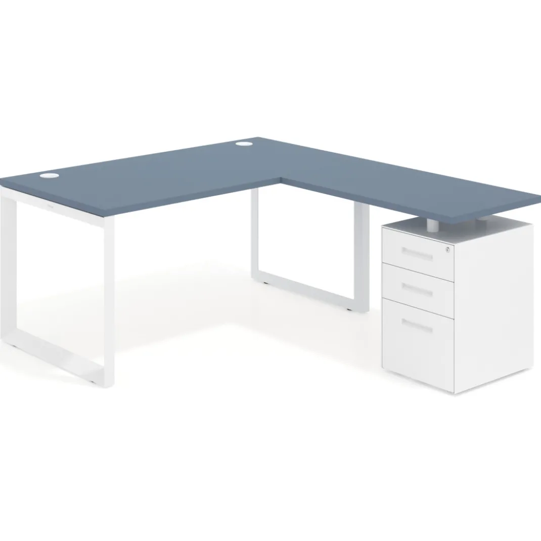 Mesa de escritorio en L con cajones Delta, estructura blanca, ala pedestal metal