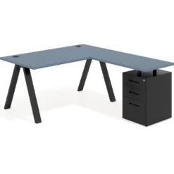 Mesa de escritorio en L con cajones UvePro, estructura negra, ala pedestal metal