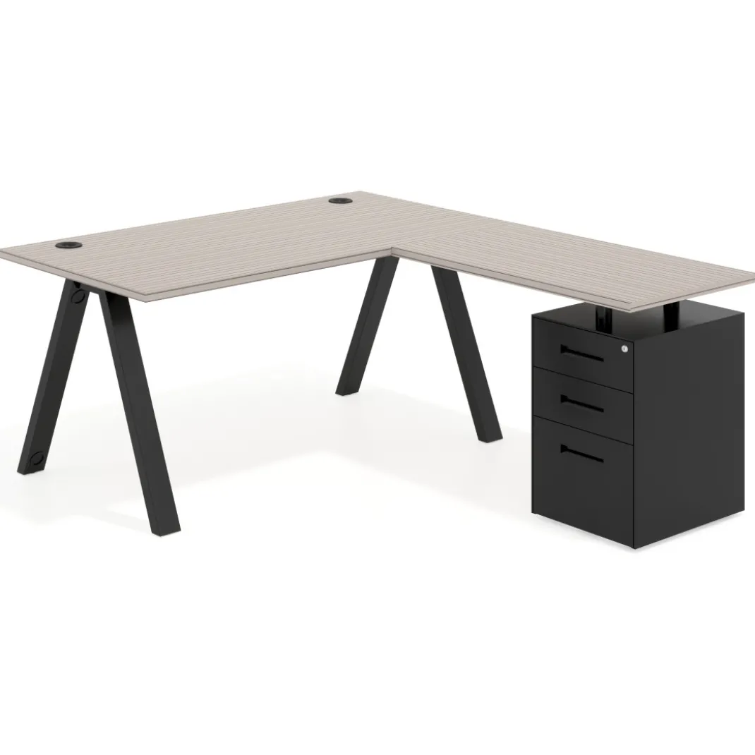 Mesa de escritorio en L con cajones UvePro, estructura negra, ala pedestal metal