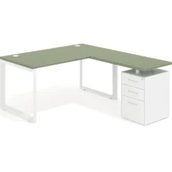 Mesa de escritorio en L con cajones UvePro, estructura negra, ala pedestal metal