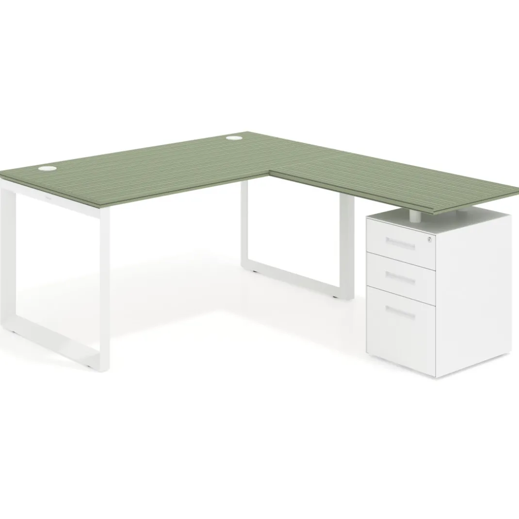 Mesa de escritorio en L con cajones UvePro, estructura negra, ala pedestal metal