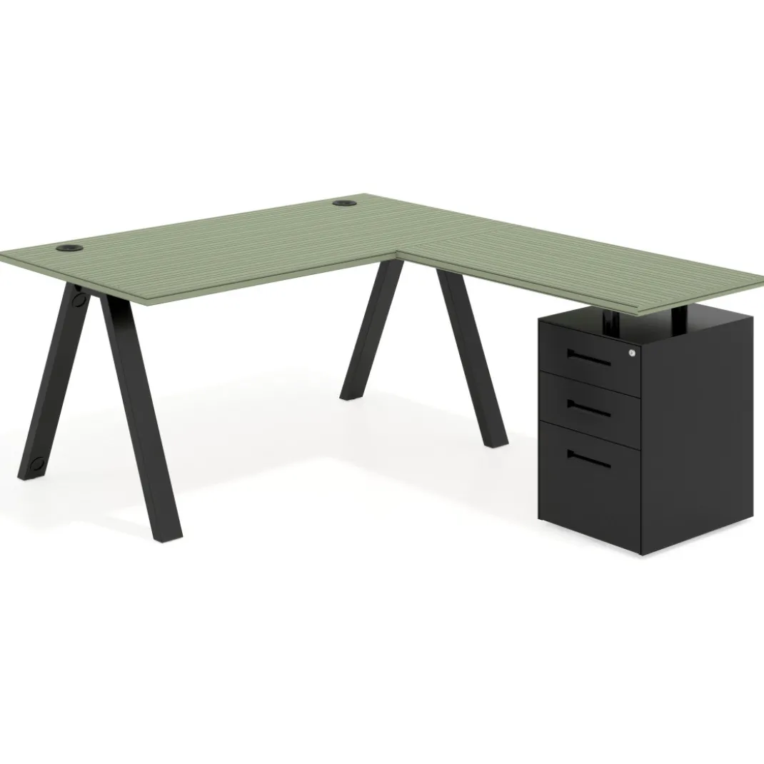 Mesa de escritorio en L con cajones UvePro, estructura negra, ala pedestal metal