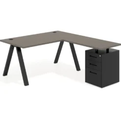 Mesa de escritorio en L con cajones UvePro, estructura negra, ala pedestal metal