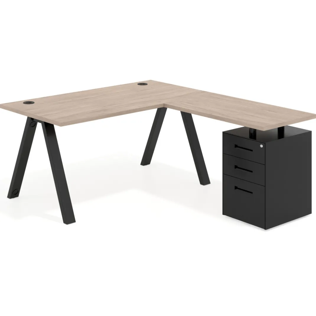 Mesa de escritorio en L con cajones Delta, estructura blanca, ala pedestal metal