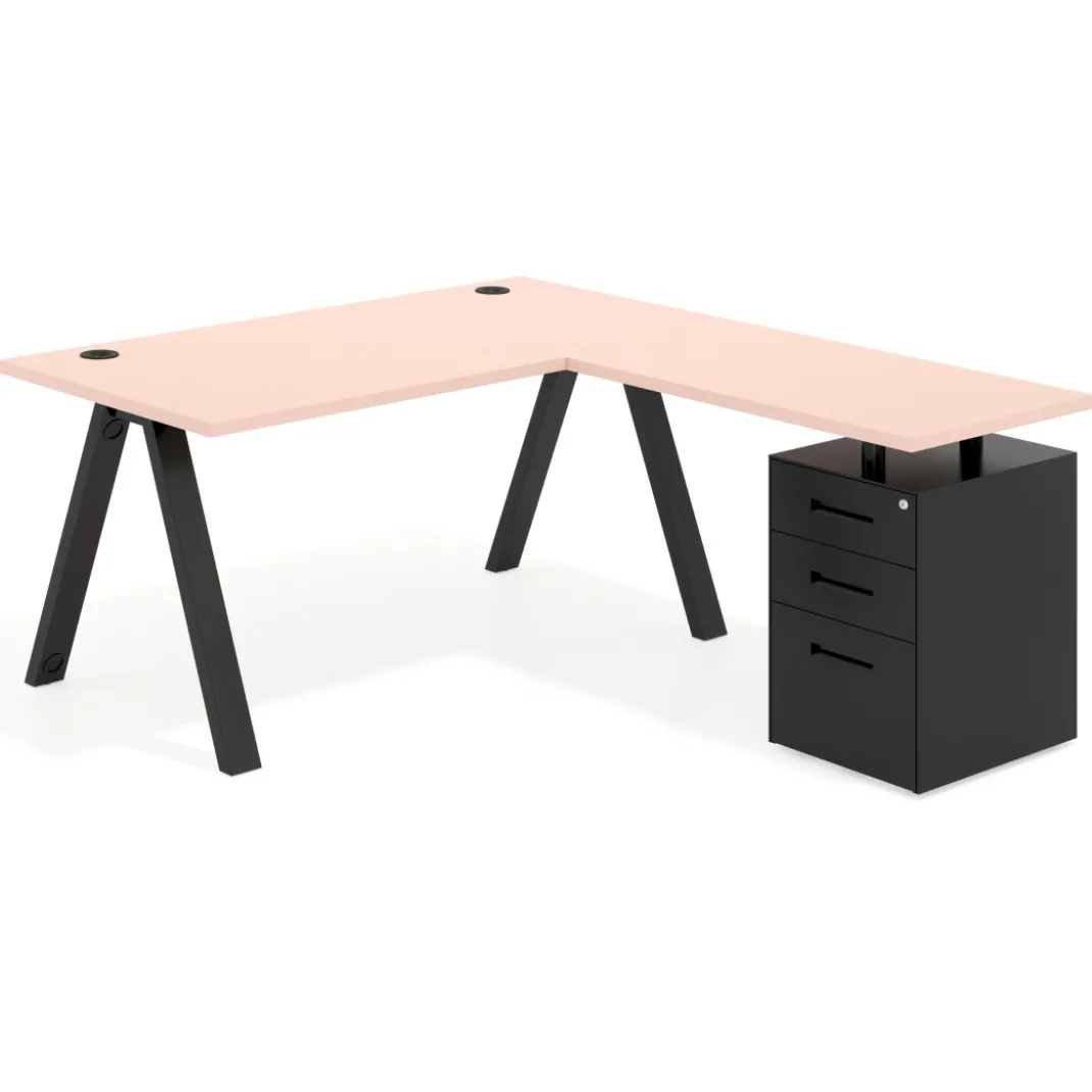 Mesa de escritorio en L con cajones UvePro, estructura negra, ala pedestal metal