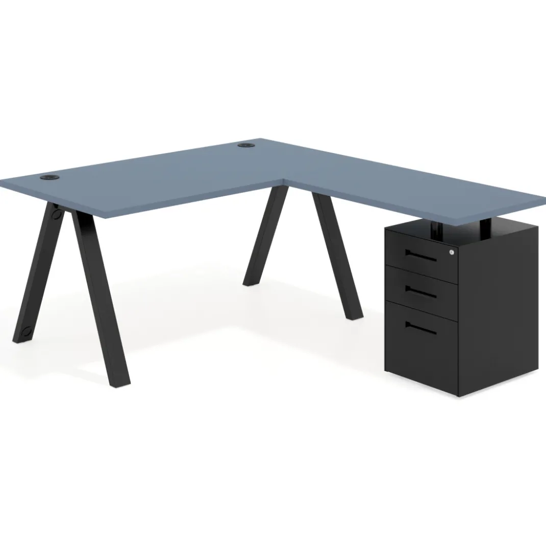 Mesa de escritorio en L con cajones Delta, estructura blanca, ala pedestal metal