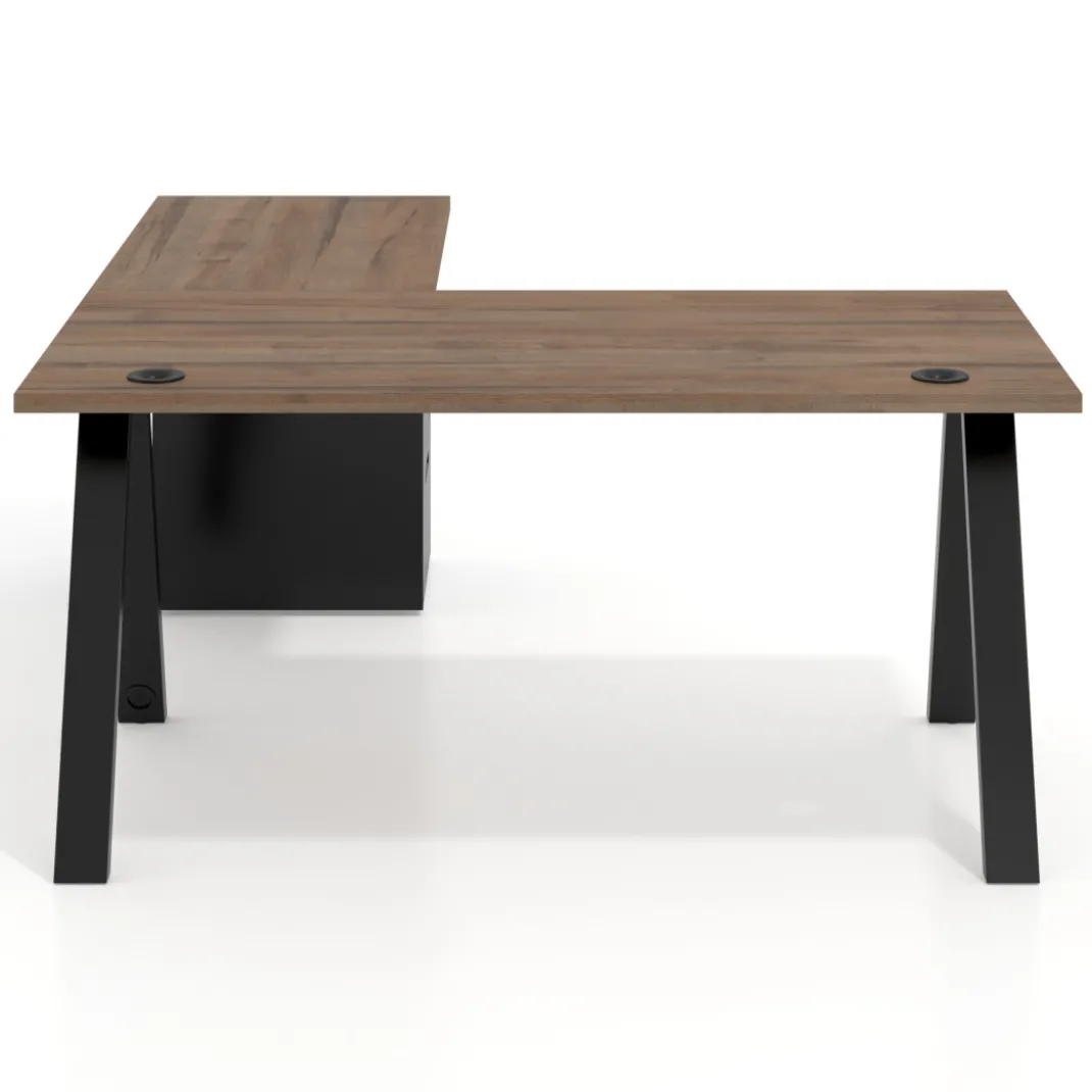 Mesa de escritorio en L con cajones Delta, estructura blanca, ala pedestal metal