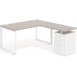 Mesa de escritorio en L con cajones Delta, estructura blanca, ala pedestal metal