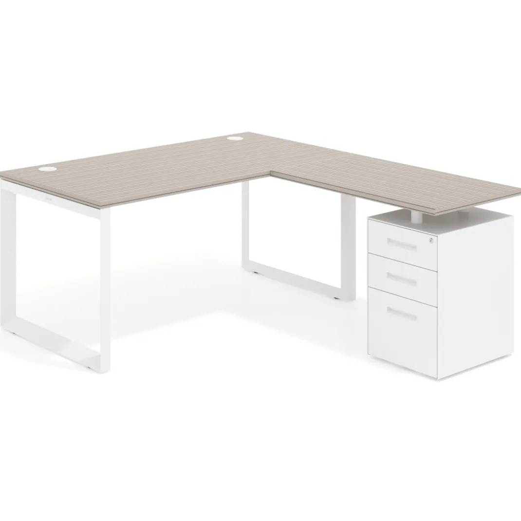 Mesa de escritorio en L con cajones Delta, estructura blanca, ala pedestal metal
